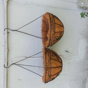 2 Black Metal Hanging Wire Basket with Coco Moss Liner
